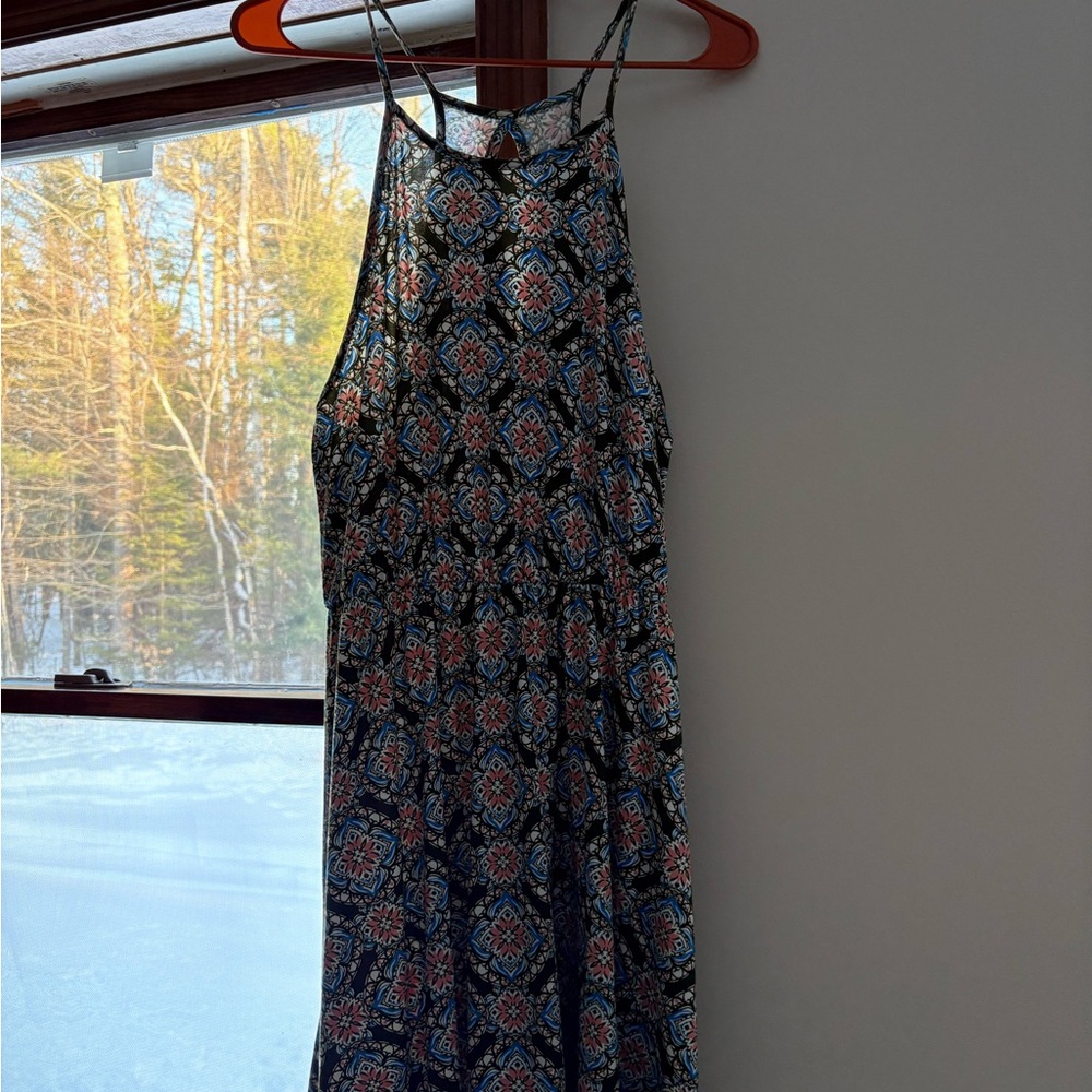 French Grey Sleeveless Midi Dress Women’s M Geometric Floral Boho Elastic Waist